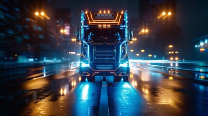 Futuristic neon truck on a rainy night