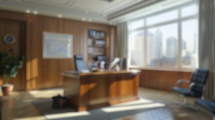 Wall Mural - Blur background of executive office with wooden furniture and large window with city view. Executive manager wooden table. Professional workplace design concept. Design for wallpaper, banner. Spate.