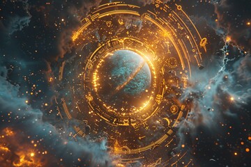 Poster - Zodiac symbols in a cosmic background with a blank area for text in an editorial layout
