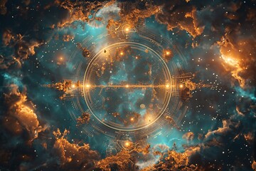 Poster - Zodiac symbols in a cosmic background with a blank area for text in an editorial layout