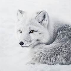 delicate and detailed pencil drawing of an arctic fox nestled in snow, showcasing exquisite attentio