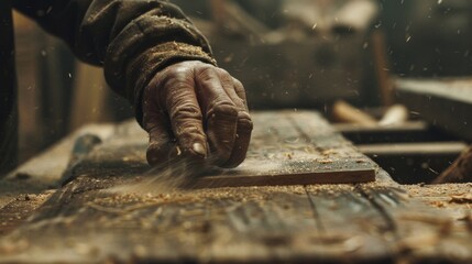 Skilled carpenter hand sanding wooden plank in close-up detail