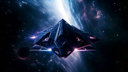 Poster - a spaceship flying through a nebula, with a polygonal geometric design pattern