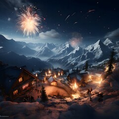 Wall Mural - Mountain landscape with firework in the night sky. 3d rendering