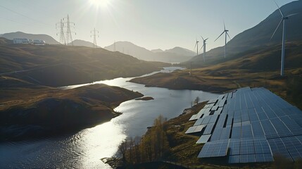 Aufkleber - Electricity from solar panels dams and wind turbines Environmentallyfriendly renewable energy concept : Generative AI