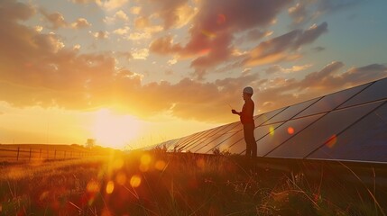 Poster - An young engineer is checking with tablet an operation of sun and cleanliness on field of photovoltaic solar panels on a sunset Conceptrenewable energy technologyelectricityservice gre : Generative AI
