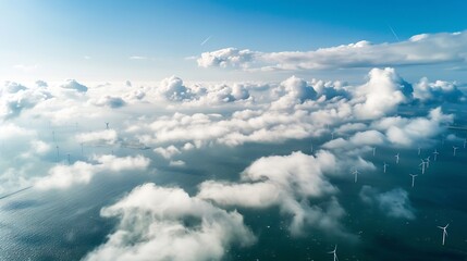 Aufkleber - offshore windmill park with clouds and a blue sky windmill park in the ocean aerial view with wind turbine Flevoland Netherlands Ijsselmeer Green energy : Generative AI