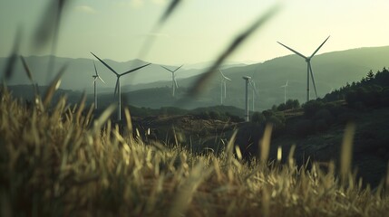 Aufkleber - Selective focus on wind farm Wind energy Wind power Sustainable renewable energy Wind turbines generate electricity Windmill farm on mountain Green technology Sustainable resources : Generative AI