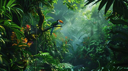 Dense jungle canopy alive with the vibrant colors of tropical birds and lush foliage.