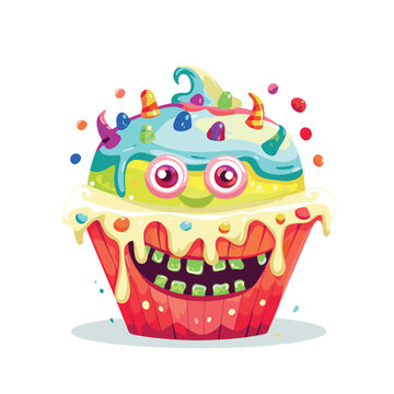 Joyful Cupcake Monster Cute and Colorful Dessert Vector Illustrative for your work's logos, T-shirt merchandise, stickers, label designs, posters, greeting cards, and advertising for business entities