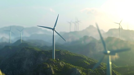 Aufkleber - Selective focus on wind farm Wind energy Wind power Sustainable renewable energy Wind turbines generate electricity Windmill farm on mountain Green technology Sustainable resources : Generative AI