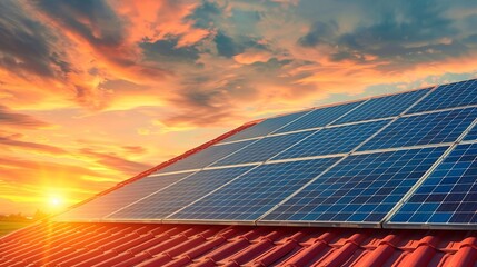 Poster - Photo collage of solar panels photovoltaics on the red roof of a house and a beautiful sky with the setting sun Alternative electricity source Concept of sustainable resources : Generative AI