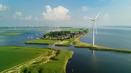 Aufkleber - Windmill turbines at sea generate green energy in the Netherlands Drone view at windmill park : Generative AI