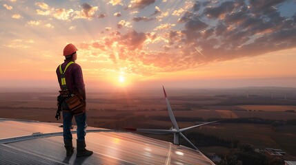 Aufkleber - Happy engineer feel success after good work He standing a top of windmill and looking beautiful sunset landscape : Generative AI