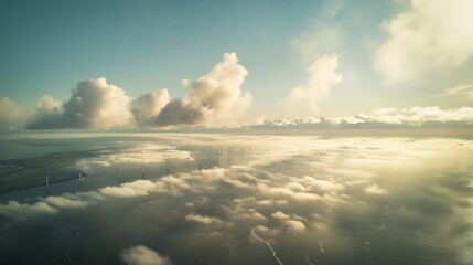 Aufkleber - offshore windmill park with clouds and a blue sky windmill park in the ocean aerial view with wind turbine Flevoland Netherlands Ijsselmeer Green energy : Generative AI