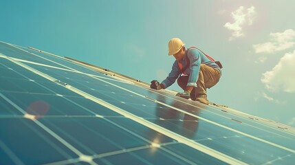 Poster - Side view of male worker installing solar modules and support structures of photovoltaic solar array Electrician wearing safety helmet while working with solar panel Concept of sun ene : Generative AI