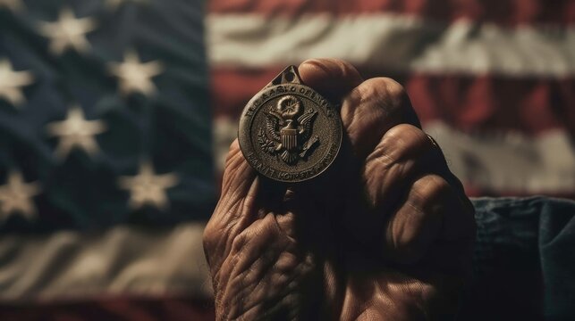 Veteran holding Medal of Honor, American flag background, patriotism.