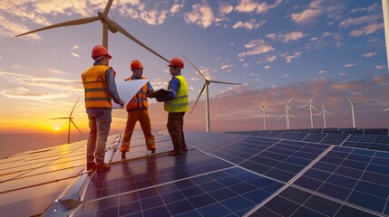 Poster - Engineering team Wind turbine and Solar power technology alternative eco environment friendly sustainable renewable energy resource concept solar panel cell photovoltaic plant sunset b : Generative AI