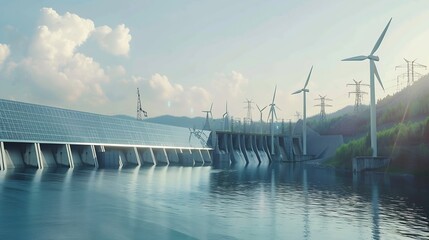 Aufkleber - Electricity from solar panels dams and wind turbines Environmentallyfriendly renewable energy concept : Generative AI