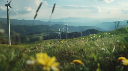 Aufkleber - Selective focus on wind farm Wind energy Wind power Sustainable renewable energy Wind turbines generate electricity Windmill farm on mountain Green technology Sustainable resources : Generative AI
