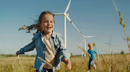Poster - Little girl and boy are running in front of windmills Renewable energies and sustainable resources  wind mills children playing with the wind near a wind turbine Sustainable climate vi : Generative AI