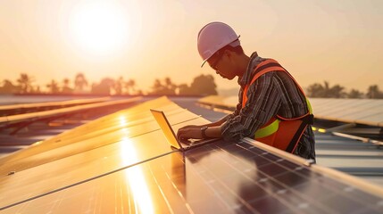 Poster - Specialist technician professional engineer with laptop and tablet maintenance checking installing solar roof panel on the factory rooftop under sunlight Engineers team survey check so : Generative AI