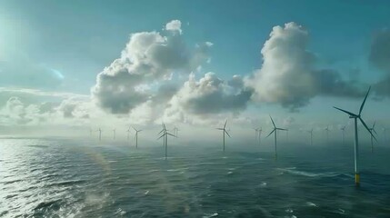 Aufkleber - Windmill park with clouds and a blue sky wind mill turbines in the ocean aerial view of a wind farm in the Nehterlands production clean energy : Generative AI