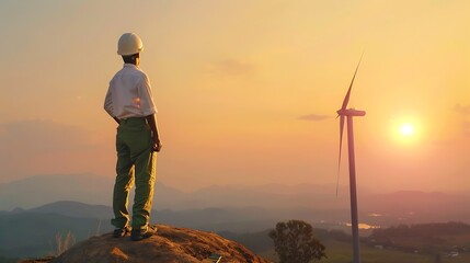 Poster - Happy engineer feel success after good work He standing a top of windmill and looking beautiful sunset landscape : Generative AI