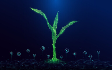 Green seedling corn growing from polygon fertile ground. With icon Oxygen Carbon Dioxide Water H2O and Cloud, Sun. Ad agricultural industry minerals fertilizer. Agriculture environment concept. Vector