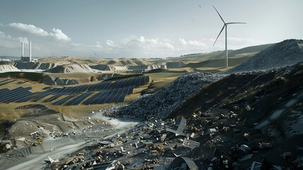 Poster - Environmentally friendly installation of photovoltaic power plant and wind turbine farm situated by landfillSolar panels farm  built on a waste dump and wind turbine farm Renewable ene : Generative AI