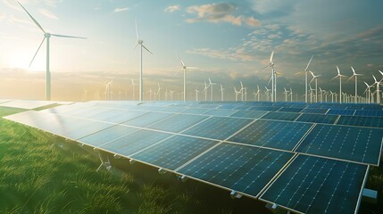 Poster - Solar panels and wind power generation equipment solar power green energy for life concept : Generative AI