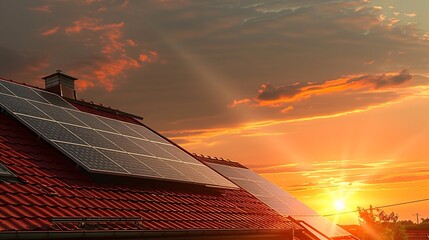 Poster - Photo collage of solar panels photovoltaics on the red roof of a house and a beautiful sky with the setting sun Alternative electricity source Concept of sustainable resources : Generative AI