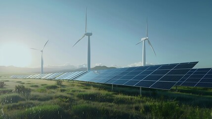 Poster - Solar panels wind turbines installed as renewable energy sources for electricity and power supply Innovation and technology environmental friendly energy Solar farm under sunny day : Generative AI