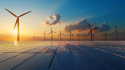 Poster - Wind turbines and solar panels at sunset renewable energy concept : Generative AI