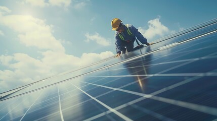 Poster - Side view of male worker installing solar modules and support structures of photovoltaic solar array Electrician wearing safety helmet while working with solar panel Concept of sun ene : Generative AI