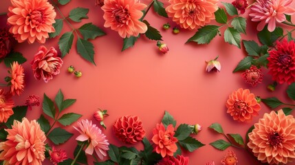 Wall Mural - coral background with various colorful dahlia flowers and green leaves in a top view. flat lay compo