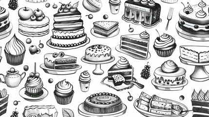 Cake bread snack food Illustration doodle pattern black white silhouette.