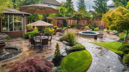 Canvas Print - Impressive backyard landscape design with patio area