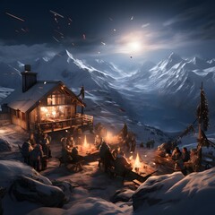 Wall Mural - Winter night in the mountain village. 3d rendering. Computer digital drawing.