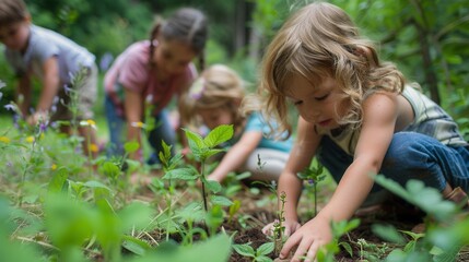 Outdoor education scene with children exploring nature and hands-on learning