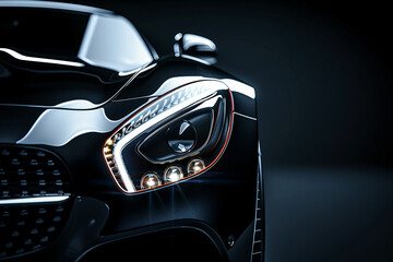 Wall Mural - Shiny black sports car with headlight on dark background