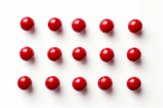 Group of red buttons on white surface with white background.