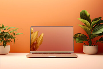 Laptop computer sitting on top of desk next to plant.