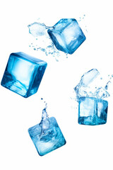 Wall Mural - Three ice cubes are being dropped into water on white background.