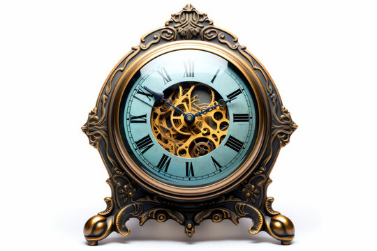Clock with gold and blue face and hands on white background.