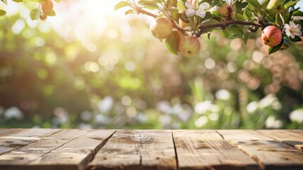 Wall Mural - Spring background with a wooden table and a blurred green spring garden with a blossoming apple tree in the sunlight. Spring template for product display, 
