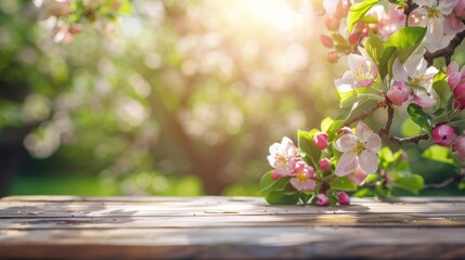 Wall Mural - Spring background with a wooden table and a blurred green spring garden with a blossoming apple tree in the sunlight. Spring template for product display, 