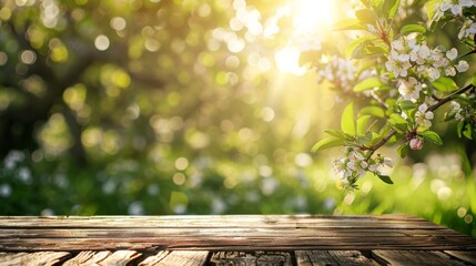 Wall Mural - Spring background with a wooden table and a blurred green spring garden with a blossoming apple tree in the sunlight. Spring template for product display, 
