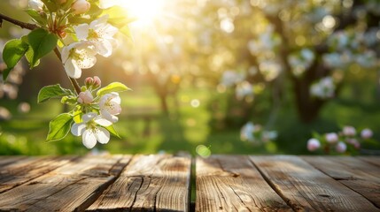 Wall Mural - Spring background with a wooden table and a blurred green spring garden with a blossoming apple tree in the sunlight. Spring template for product display, 
