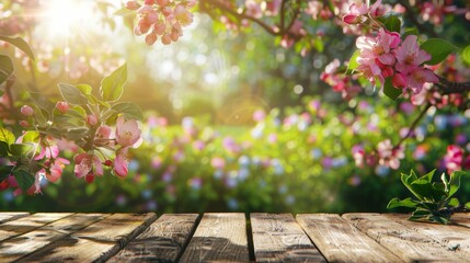 Wall Mural - Spring background with a wooden table and a blurred green spring garden with a blossoming apple tree in the sunlight. Spring template for product display, 